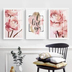 Pink Peony I Love You Modern Floral Wall Art Pictures For Living Room Bedroom Art Decor