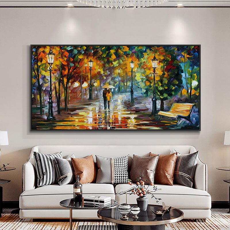 Rainy Reflections Autumn City Landscape Wall Art Wide Format Pictures For Living Room Decor