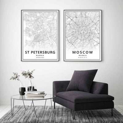 Russia Cities Map Wall Art Modern Black & White Minimalist Posters For Home Office Decor