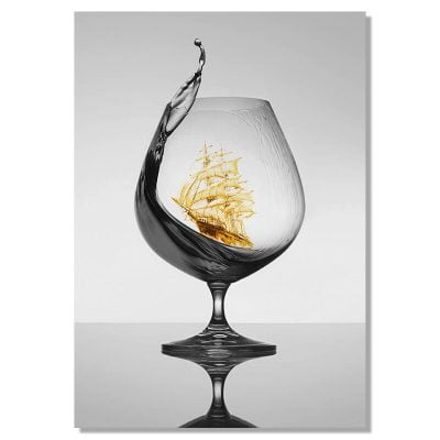 Sailing Ships In The Wine Glass Wall Art Black White Yellow Pictures For Modern Home Office