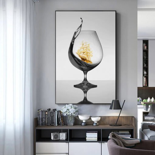 Sailing Ships In The Wine Glass Wall Art Black White Yellow Pictures For Modern Home Office