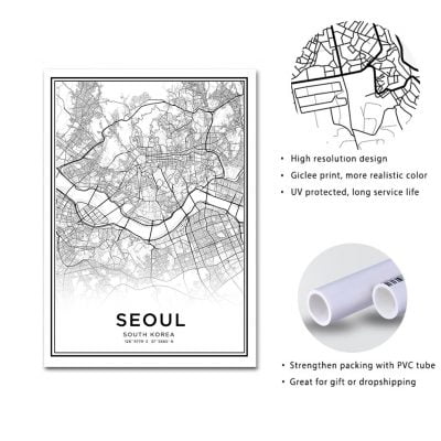 Seoul City Map Wall Art Fine Art Canvas Print Black White Poster For Home Office Decor