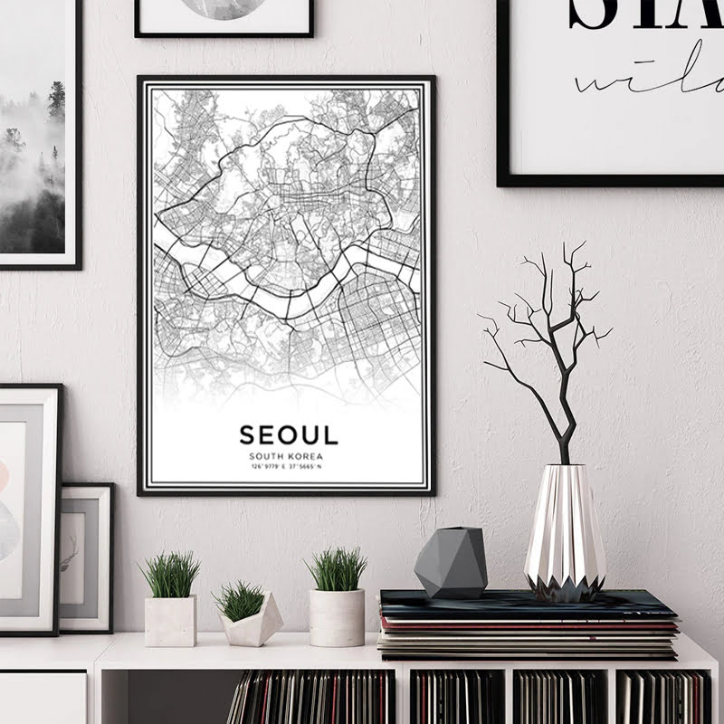 Seoul City Map Wall Art Fine Art Canvas Print Black White Poster For Home Office Decor