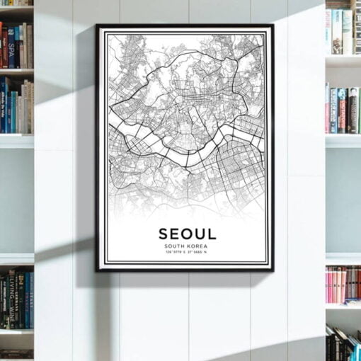 Seoul City Map Wall Art Fine Art Canvas Print Black White Poster For Home Office Decor