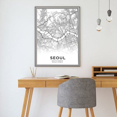 Seoul City Map Wall Art Fine Art Canvas Print Black White Poster For Home Office Decor