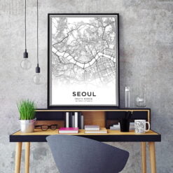 Seoul City Map Wall Art Fine Art Canvas Print Black White Poster For Home Office Decor