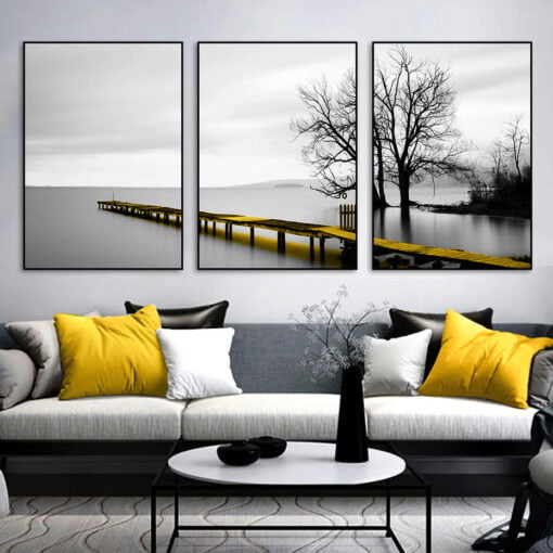 Tranquil Lakeside Black & White Wall Art Pictures Of Calm For Modern Home Office Decor