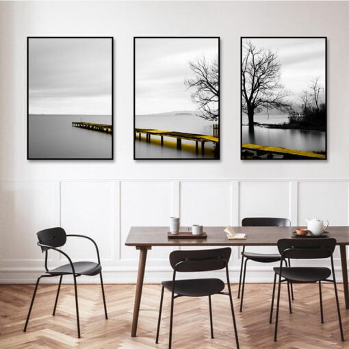 Tranquil Lakeside Black & White Wall Art Pictures Of Calm For Modern Home Office Decor