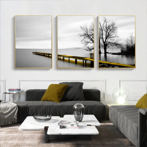 Tranquil Lakeside Black & White Wall Art Pictures Of Calm For Modern Home Office Decor