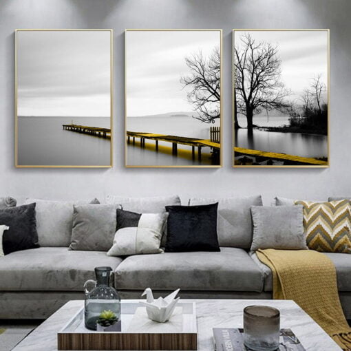 Tranquil Lakeside Black & White Wall Art Pictures Of Calm For Modern Home Office Decor