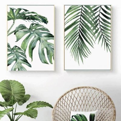 Tropical Green Leaves Watercolor Wall Art Minimalist Botanical Pictures For Living Room Decor