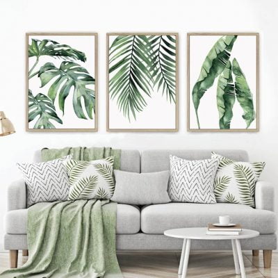 Tropical Green Leaves Watercolor Wall Art Minimalist Botanical Pictures For Living Room Decor