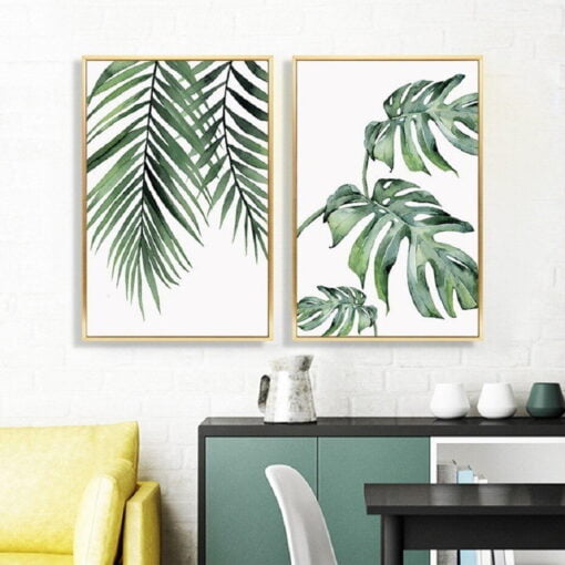 Tropical Green Leaves Watercolor Wall Art Minimalist Botanical Pictures For Living Room Decor