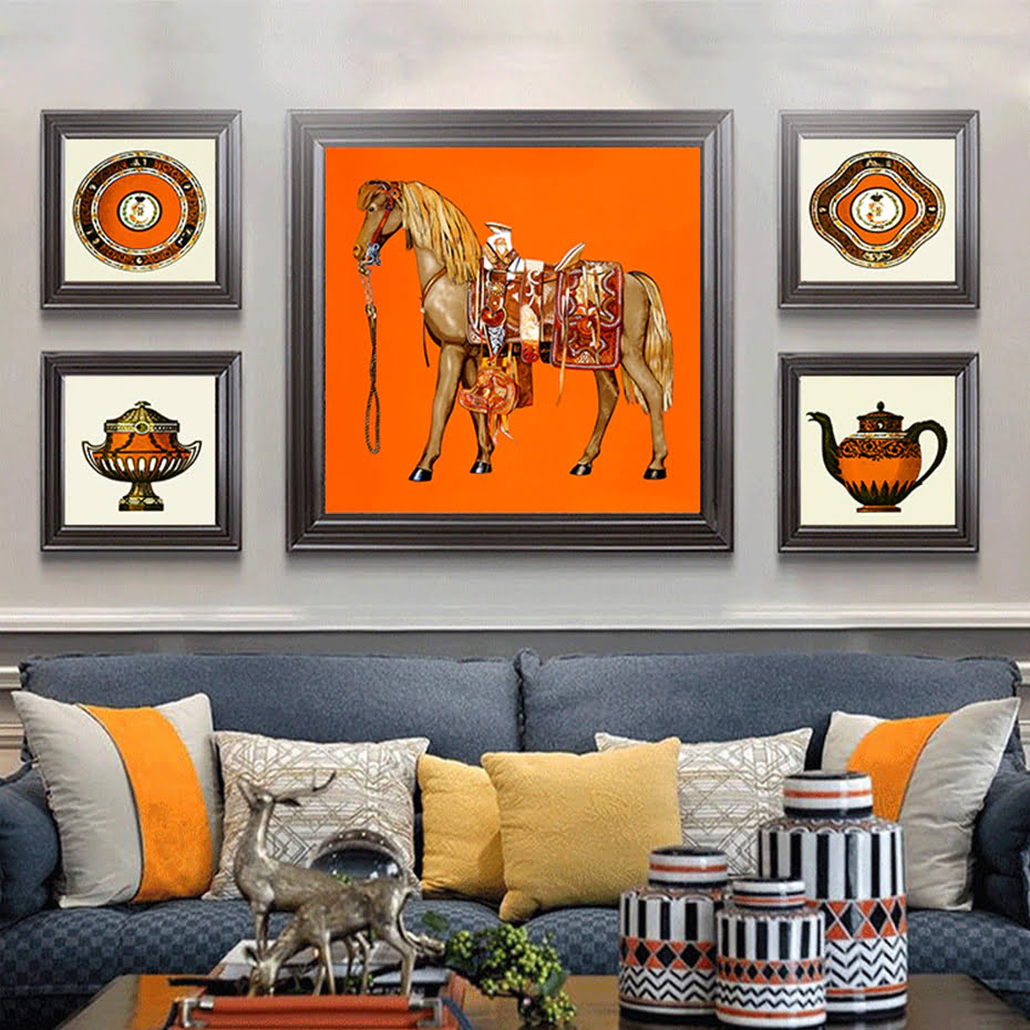 Vintage Bohemian Orange Horse Wall Art Fine Art Canvas Prints Pictures For Living Room Decor