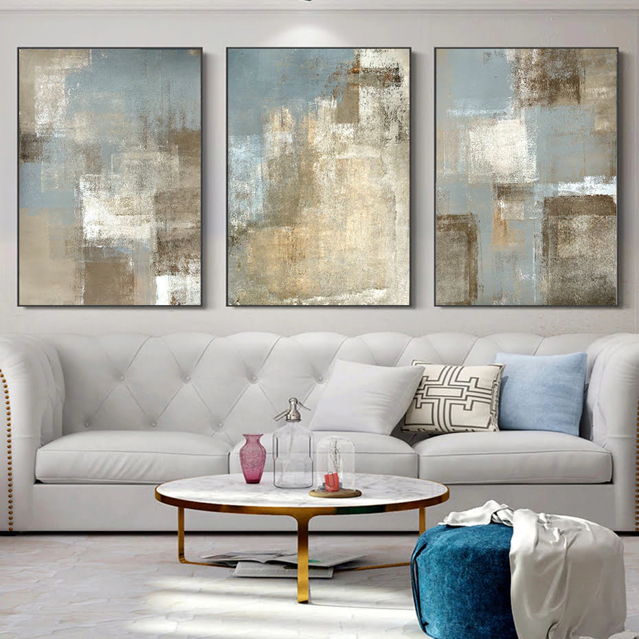 Vintage Urban Abstract Gray Beige Wall Art Pictures For Modern Apartment Living Room Decor