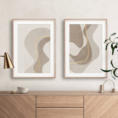 Wavy Beige Golden Lines Abstract Wall Art Fine Art Canvas Prints Modern For Living Room