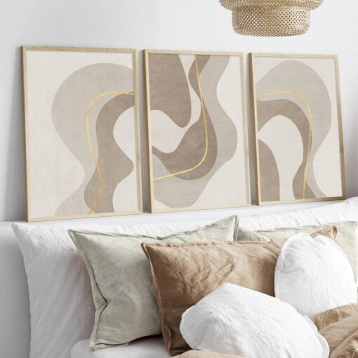 Wavy Beige Golden Lines Abstract Wall Art Fine Art Canvas Prints Modern For Living Room