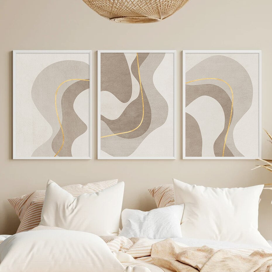 Wavy Beige Golden Lines Abstract Wall Art Fine Art Canvas Prints Modern For Living Room