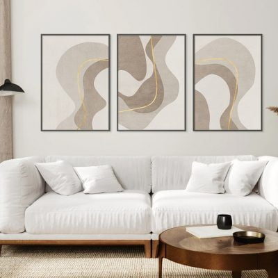 Wavy Beige Golden Lines Abstract Wall Art Fine Art Canvas Prints Modern For Living Room