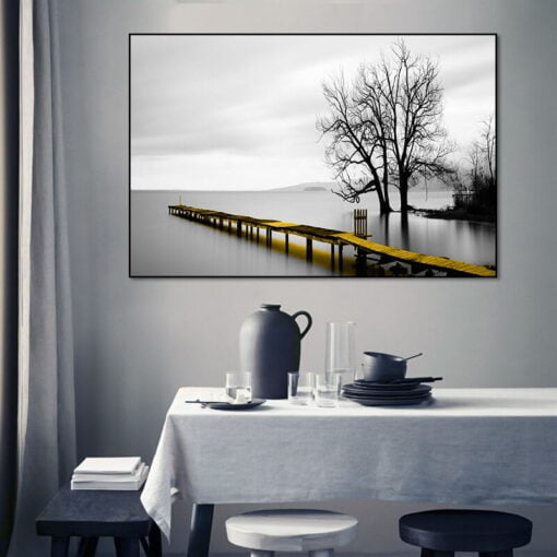 Winter Lakeside Landscape Black & White Wall Art Pictures Of Calm For Modern Home Decor