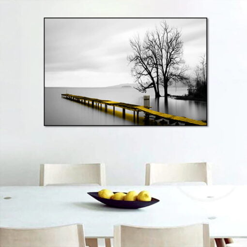 Winter Lakeside Landscape Black & White Wall Art Pictures Of Calm For Modern Home Decor