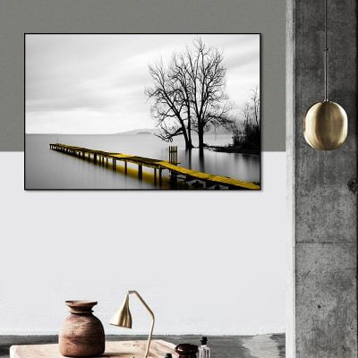 Winter Lakeside Landscape Black & White Wall Art Pictures Of Calm For Modern Home Decor