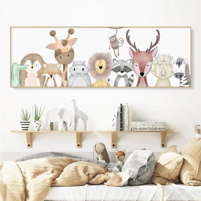Cute Cartoon Animals Nursery Decor Wide Format Kids Room Picture For Above The Bed