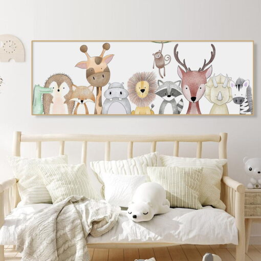 Cute Cartoon Animals Nursery Decor Wide Format Kids Room Picture For Above The Bed