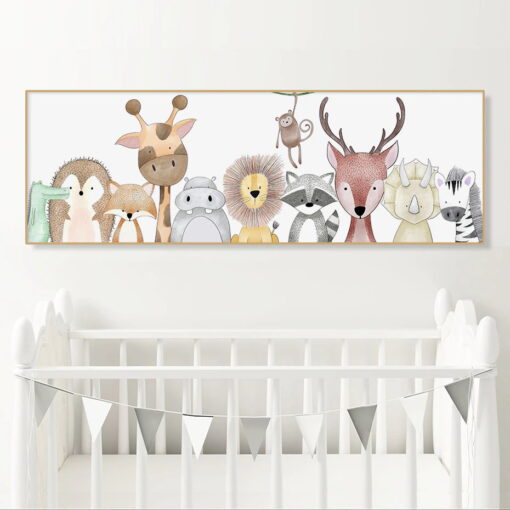 Cute Cartoon Animals Nursery Decor Wide Format Kids Room Picture For Above The Bed