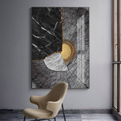 Abstract Black Wood Golden Tree Rings Wall Art Pictures For Modern Loft Living Room