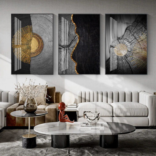 Abstract Black Wood Golden Tree Rings Wall Art Pictures For Modern Loft Living Room