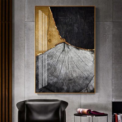 Abstract Black Wood Golden Tree Rings Wall Art Pictures For Modern Loft Living Room