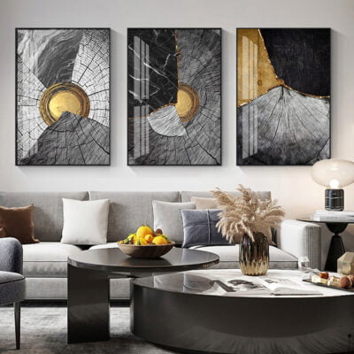 Abstract Black Wood Golden Tree Rings Wall Art Pictures For Modern Loft Living Room