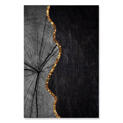 Abstract Black Wood Golden Tree Rings Wall Art Pictures For Modern Loft Living Room