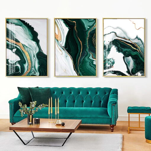 Abstract Dark Green Golden Biege Marble Print Wall Art Pictures For Luxury Living Room