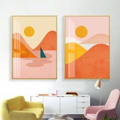 Abstract Orange Yellow Sunrise Mountain Lake Wall Art Pictures For Living Room Bedroom Decor
