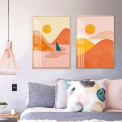 Abstract Orange Yellow Sunrise Mountain Lake Wall Art Pictures For Living Room Bedroom Decor