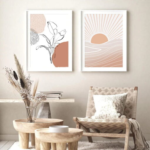 Beige Terracotta Abstract Sunrise Gallery Wall Art Fine Art Canvas Prints For Living Room Decor