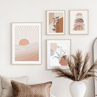 Beige Terracotta Abstract Sunrise Gallery Wall Art Fine Art Canvas Prints For Living Room Decor