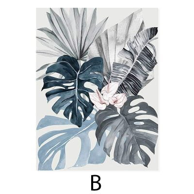 Blue Gray Pink Tropical Watercolor Leaves Wall Art Pictures For Bedroom Living Room Decor