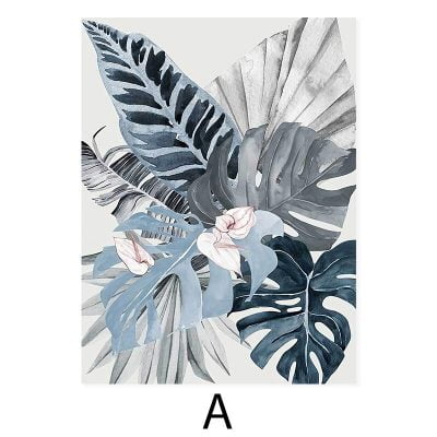 Blue Gray Pink Tropical Watercolor Leaves Wall Art Pictures For Bedroom Living Room Decor