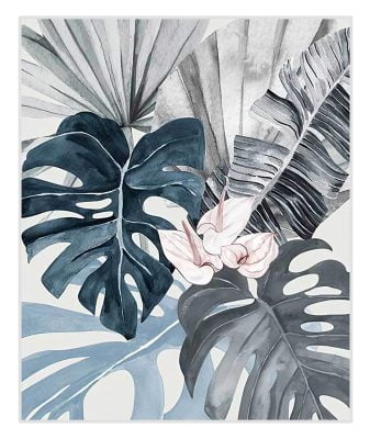 Blue Gray Pink Tropical Watercolor Leaves Wall Art Pictures For Bedroom Living Room Decor