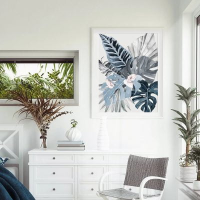 Blue Gray Pink Tropical Watercolor Leaves Wall Art Pictures For Bedroom Living Room Decor