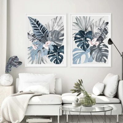 Blue Gray Pink Tropical Watercolor Leaves Wall Art Pictures For Bedroom Living Room Decor