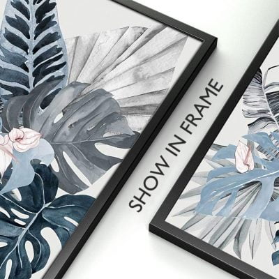 Blue Gray Pink Tropical Watercolor Leaves Wall Art Pictures For Bedroom Living Room Decor