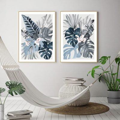 Blue Gray Pink Tropical Watercolor Leaves Wall Art Pictures For Bedroom Living Room Decor