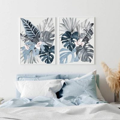 Blue Gray Pink Tropical Watercolor Leaves Wall Art Pictures For Bedroom Living Room Decor