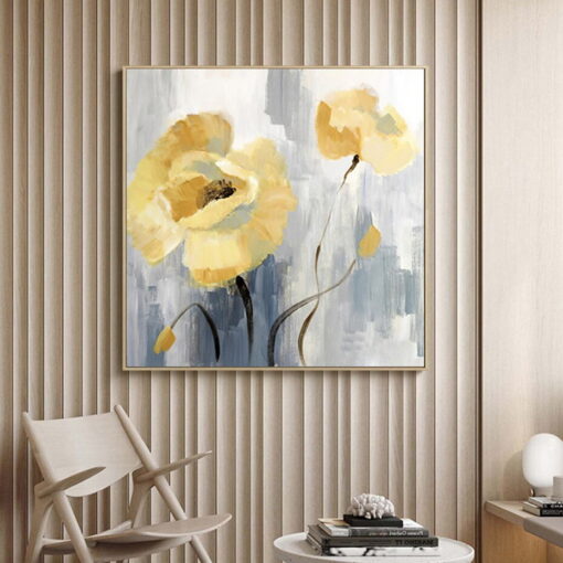 Blue Gray Yellow Flowers In Bloom Wall Art Modern Floral Pictures For Living Room Decor