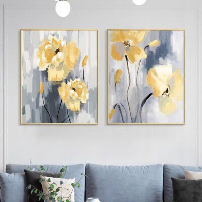 Blue Gray Yellow Flowers In Bloom Wall Art Modern Floral Pictures For Living Room Decor