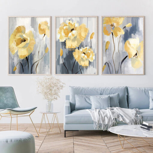 Blue Gray Yellow Flowers In Bloom Wall Art Modern Floral Pictures For Living Room Decor